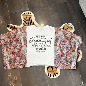 Graphic Tee with Patterned Boho Sleeves - White